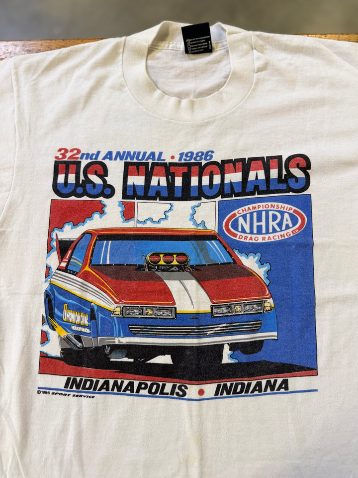 Vintage 1986 NHRA U.S. Nationals & Keystone Nationals Event Tee (Size Large) – Double-Sided Drag Racing Shirt