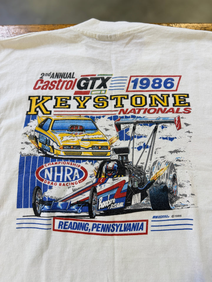 Vintage 1986 NHRA U.S. Nationals & Keystone Nationals Event Tee (Size Large) – Double-Sided Drag Racing Shirt