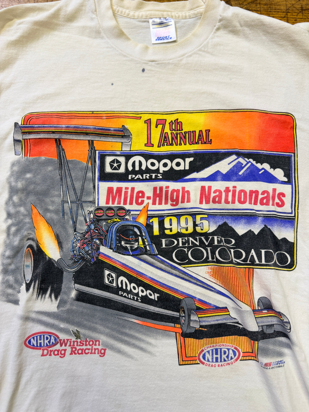 Vintage 1995 NHRA Mopar Mile-High Nationals Tee (Single Stitch, Size XL) – Denver Drag Racing Shirt