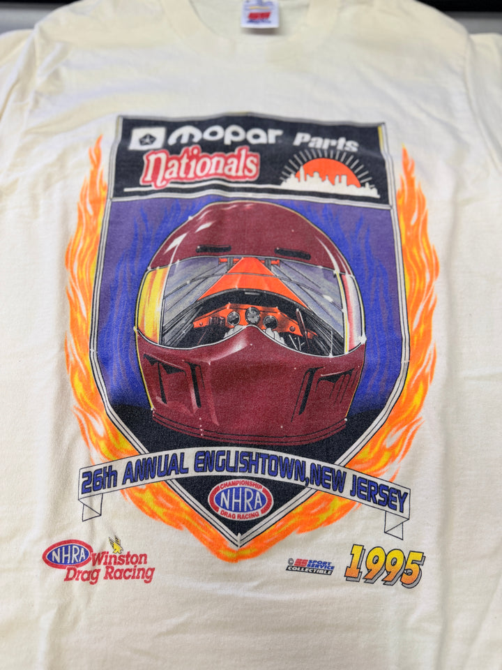 Vintage 1995 NHRA Mopar & Fram Nationals Tee (Single Stitch, Size M) – Rare Double Event Drag Racing Shirt