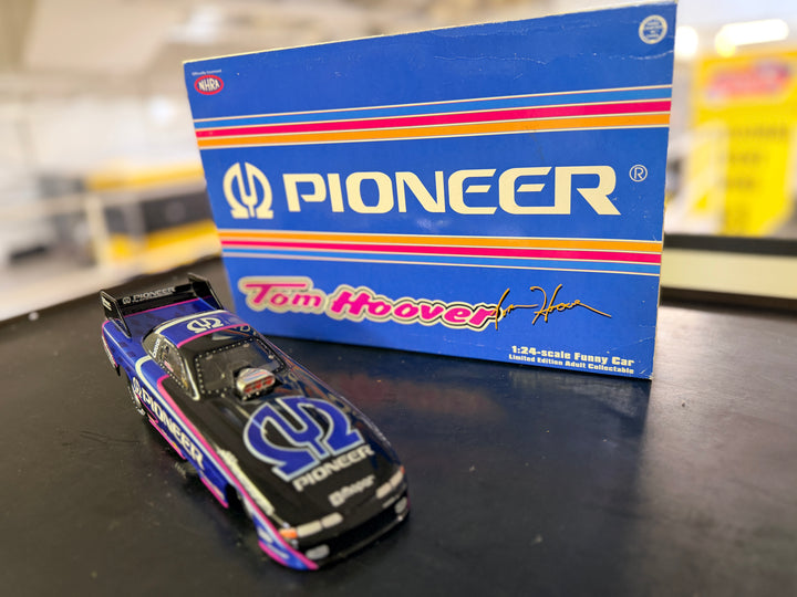Tom Hoover Pioneer Funny Car diecast front view with Pioneer collector box