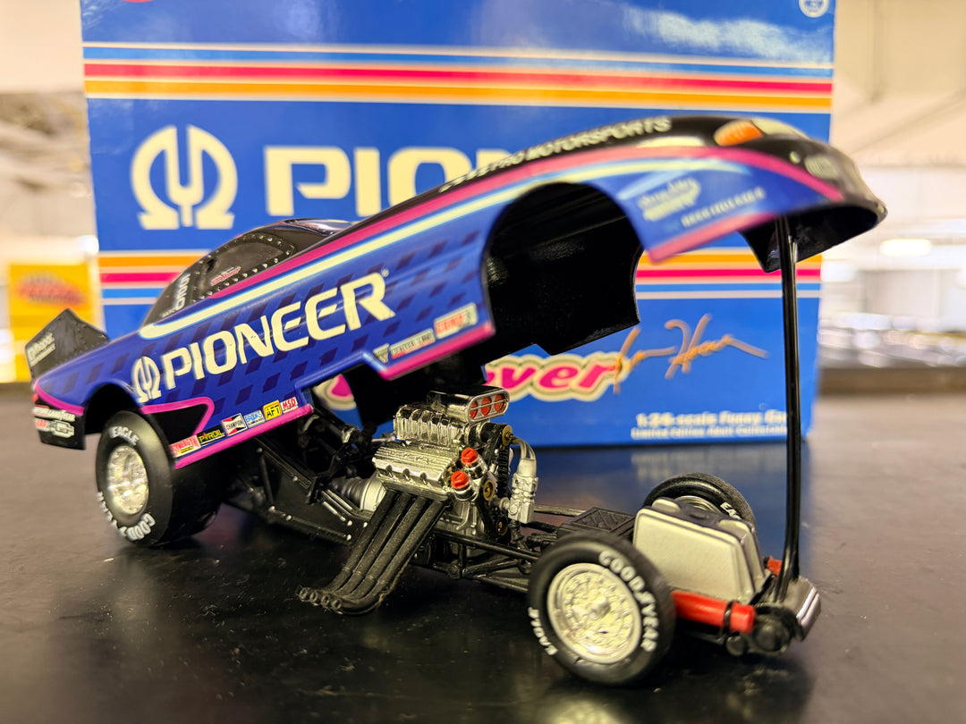 Tom Hoover Pioneer Funny Car diecast body up showing detailed supercharged engine