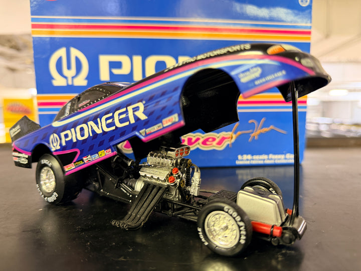 Tom Hoover Pioneer Funny Car diecast body up showing detailed supercharged engine