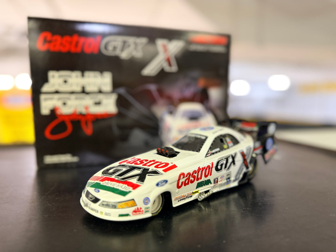 John Force Castrol GTX Mustang Funny Car diecast side profile view