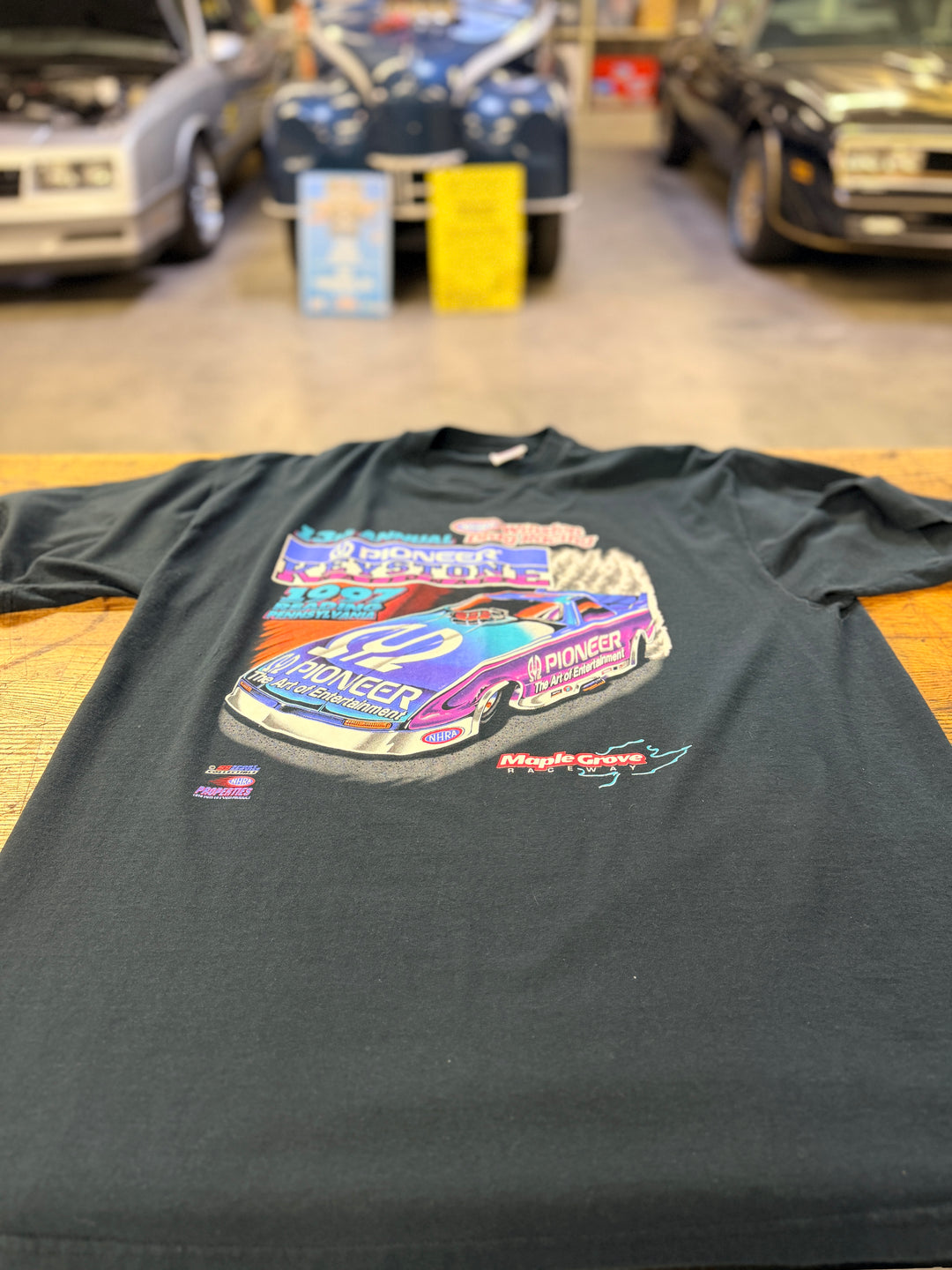 Front of vintage 1998 NHRA Keystone Nationals Pioneer Funny Car event tee at Maple Grove Raceway