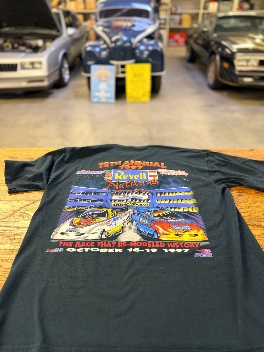 Back of vintage 1997 12th Annual Revell Nationals Dallas Texas NHRA event tee