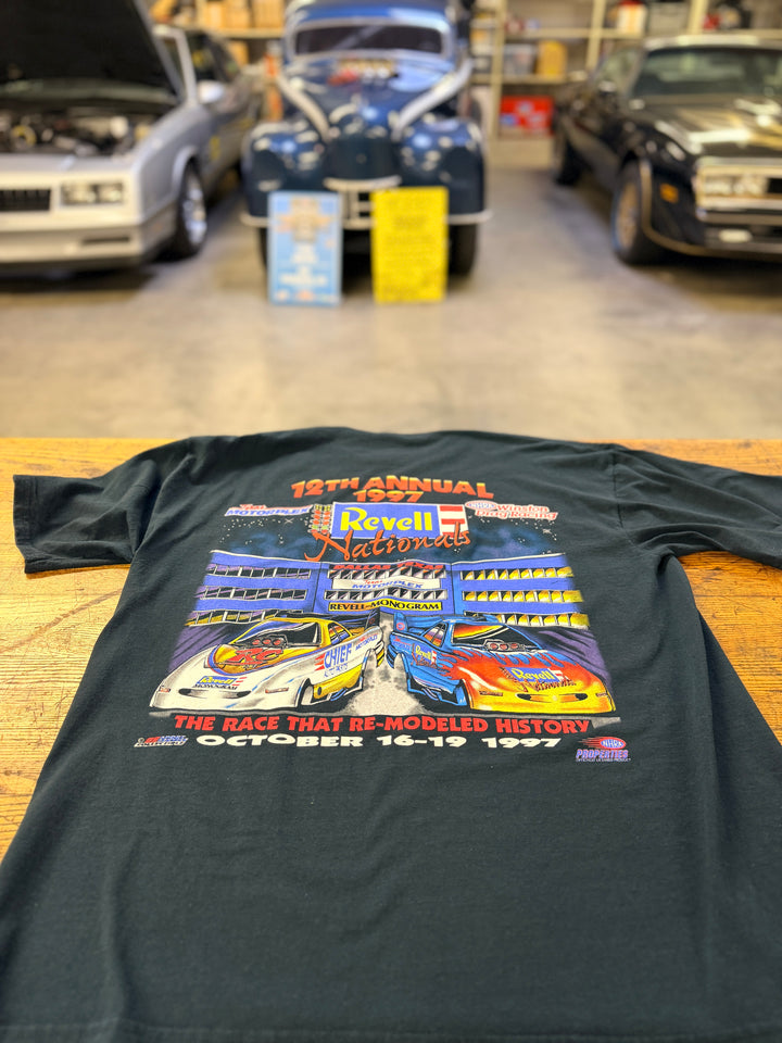 Back of vintage 1997 12th Annual Revell Nationals Dallas Texas NHRA event tee