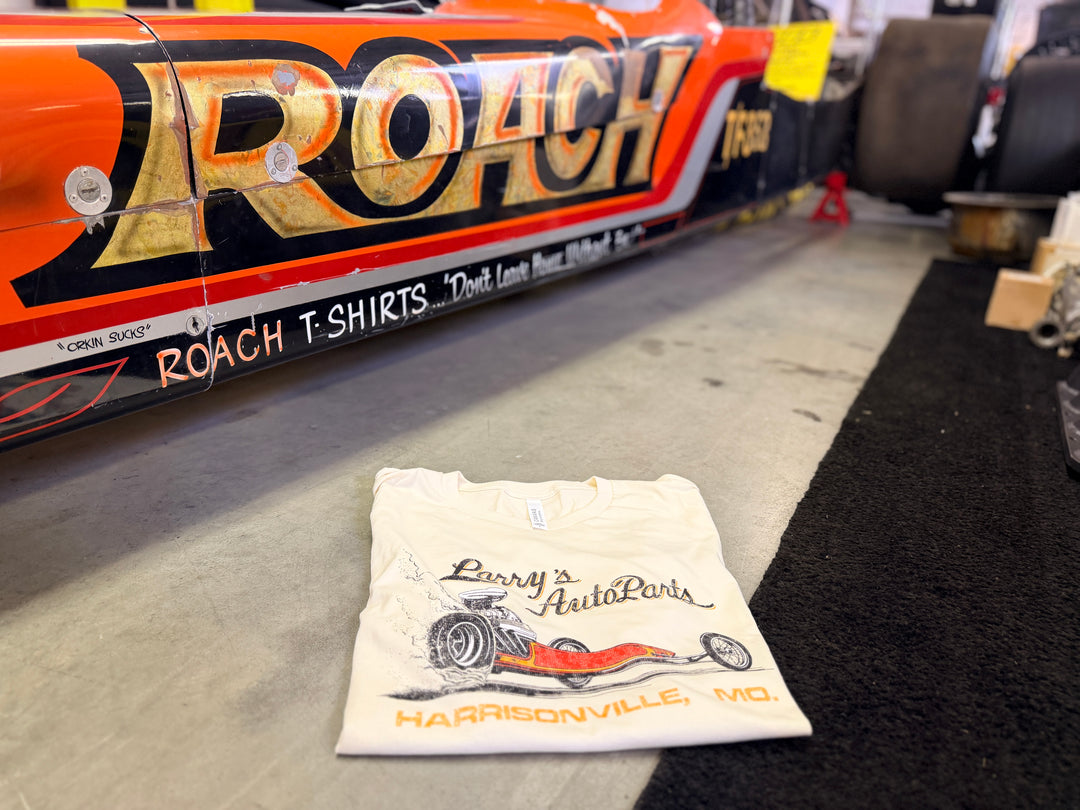 Vintage Larry's Auto Parts Front Engine Dragster T-Shirt | Official RoAcH Archives | Revelry1