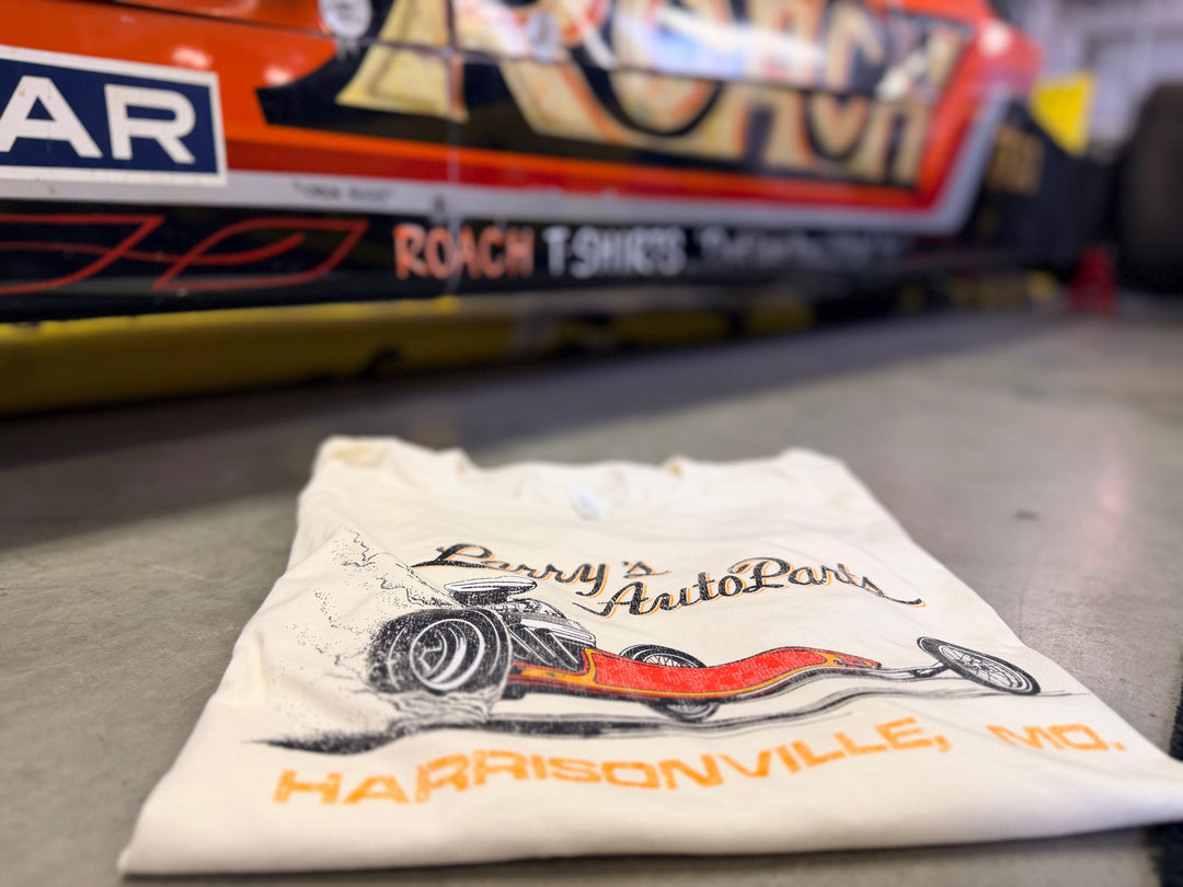 Vintage Larry's Auto Parts Front Engine Dragster T-Shirt | Official RoAcH Archives | Revelry1