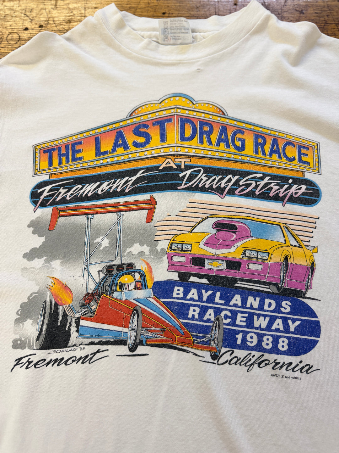 Vintage 1988 "The Last Drag Race" Fremont Dragstrip (Baylands Raceway Park) Event Tee – Size Large