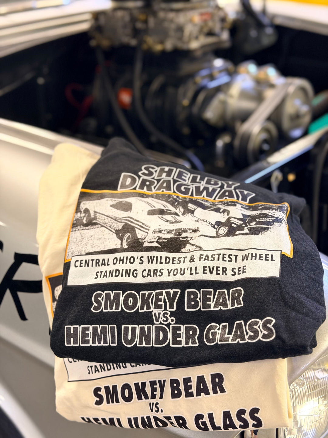 Revelry1 Shelby Dragway Vintage Drag Racing T-Shirt | Smokey Bear vs Hemi Under Glass