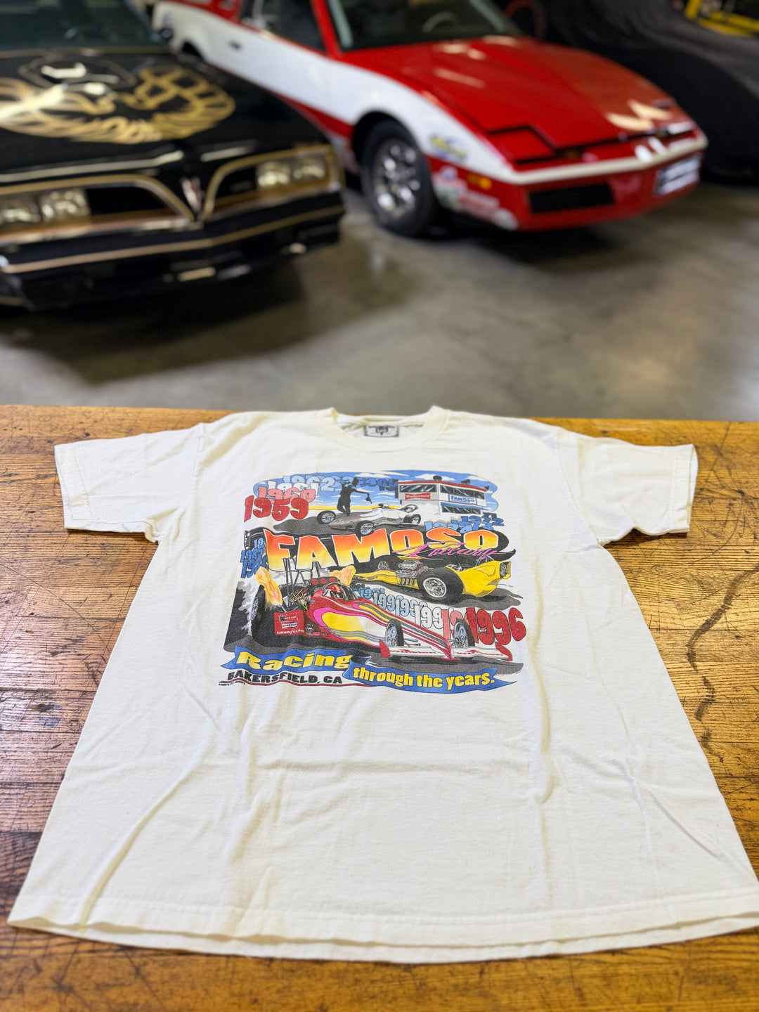 Vintage 1996 Famoso Raceway Tee Large Budweiser Warm Up NHRA Drag Racing Double Sided