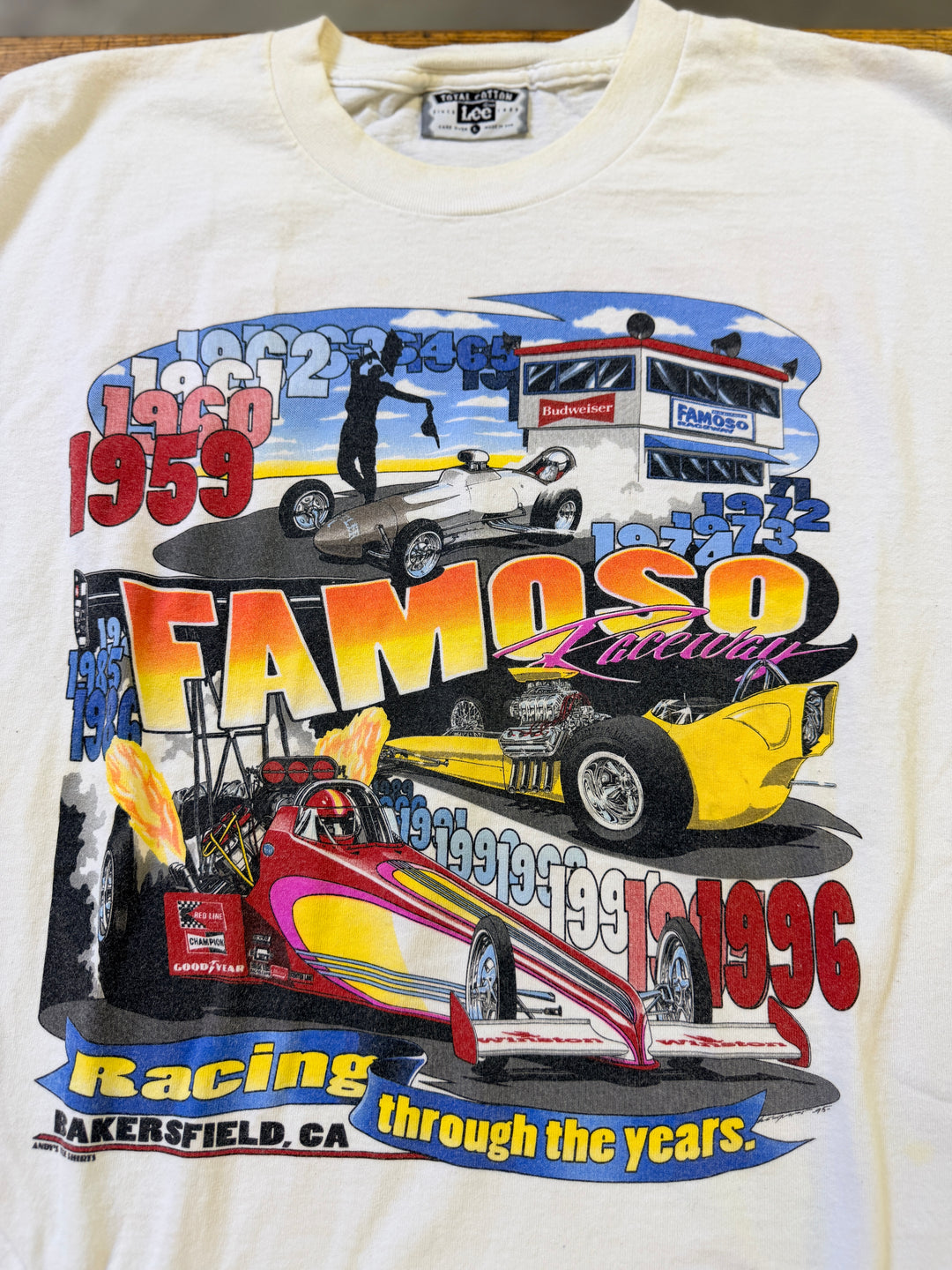 Vintage 1996 Famoso Raceway Tee Large Budweiser Warm Up NHRA Drag Racing Double Sided