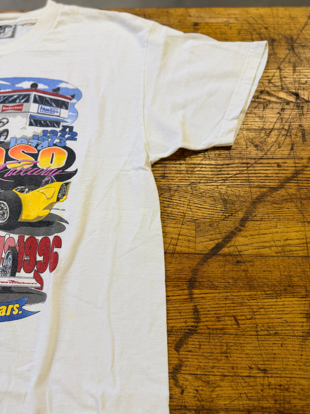 Vintage 1996 Famoso Raceway Tee Large Budweiser Warm Up NHRA Drag Racing Double Sided