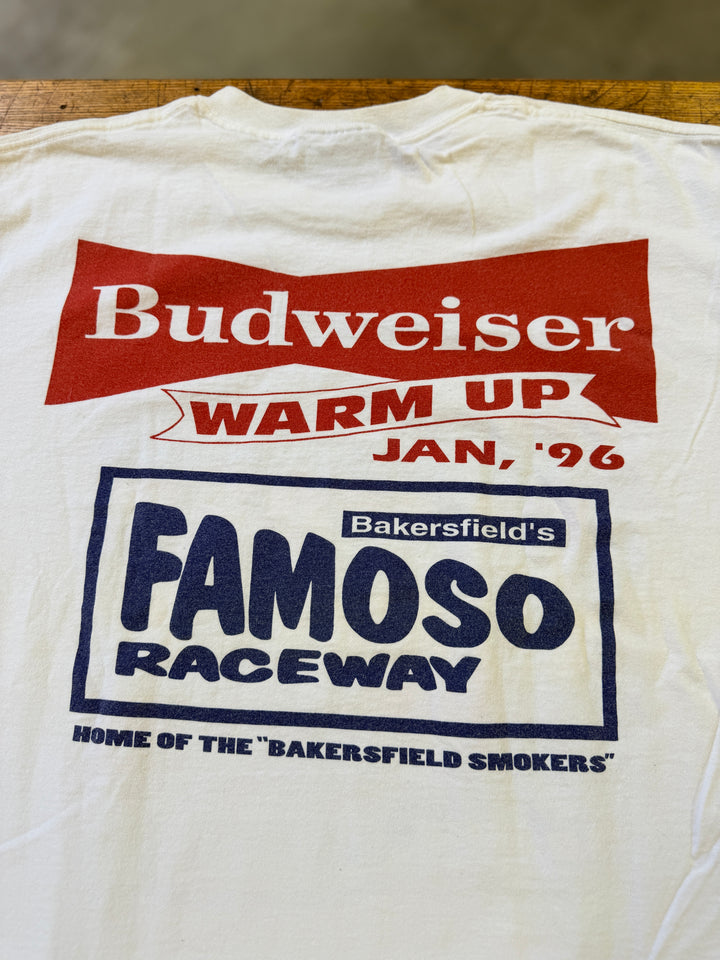 Vintage 1996 Famoso Raceway Tee Large Budweiser Warm Up NHRA Drag Racing Double Sided