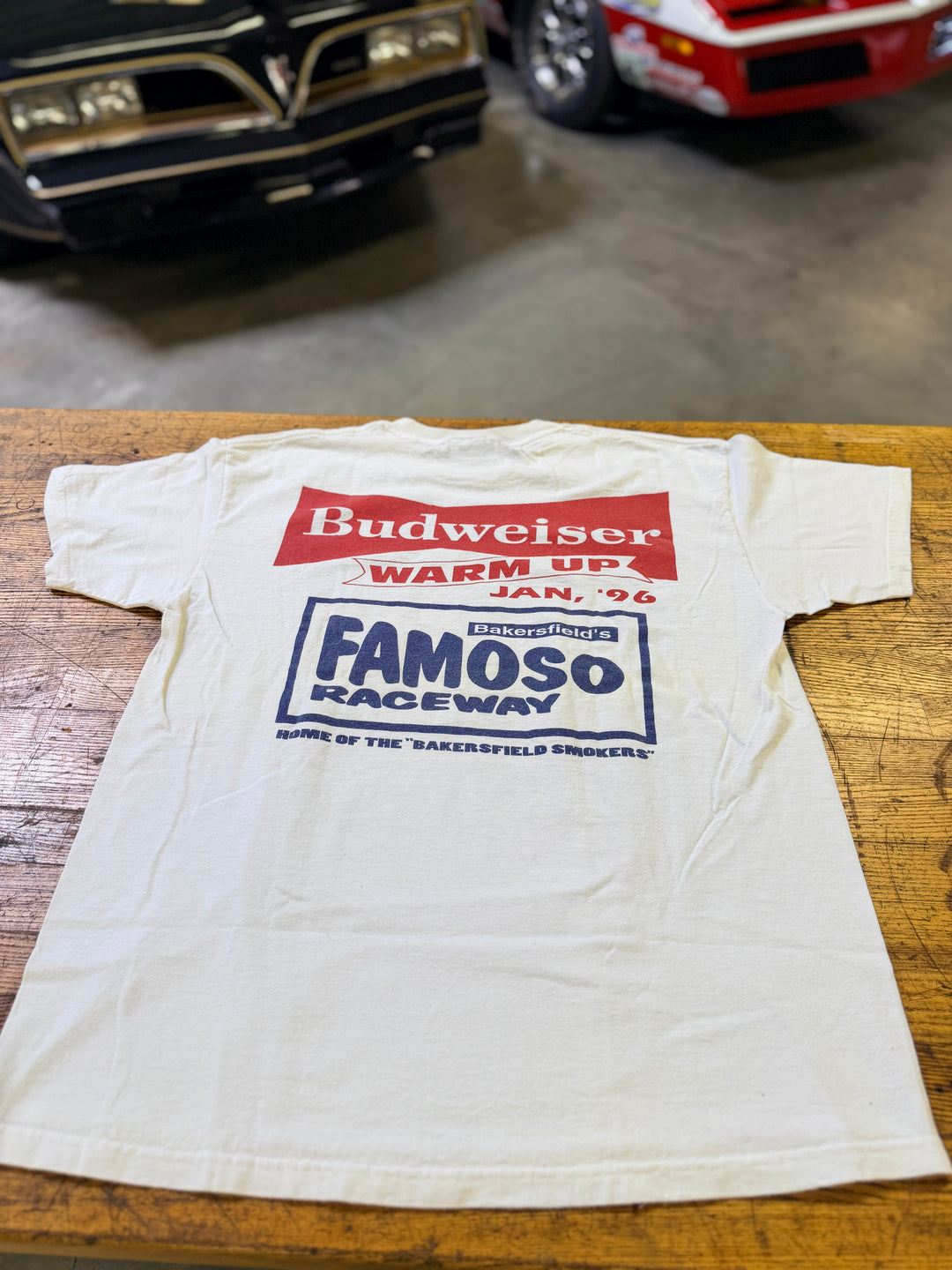 Vintage 1996 Famoso Raceway Tee Large Budweiser Warm Up NHRA Drag Racing Double Sided