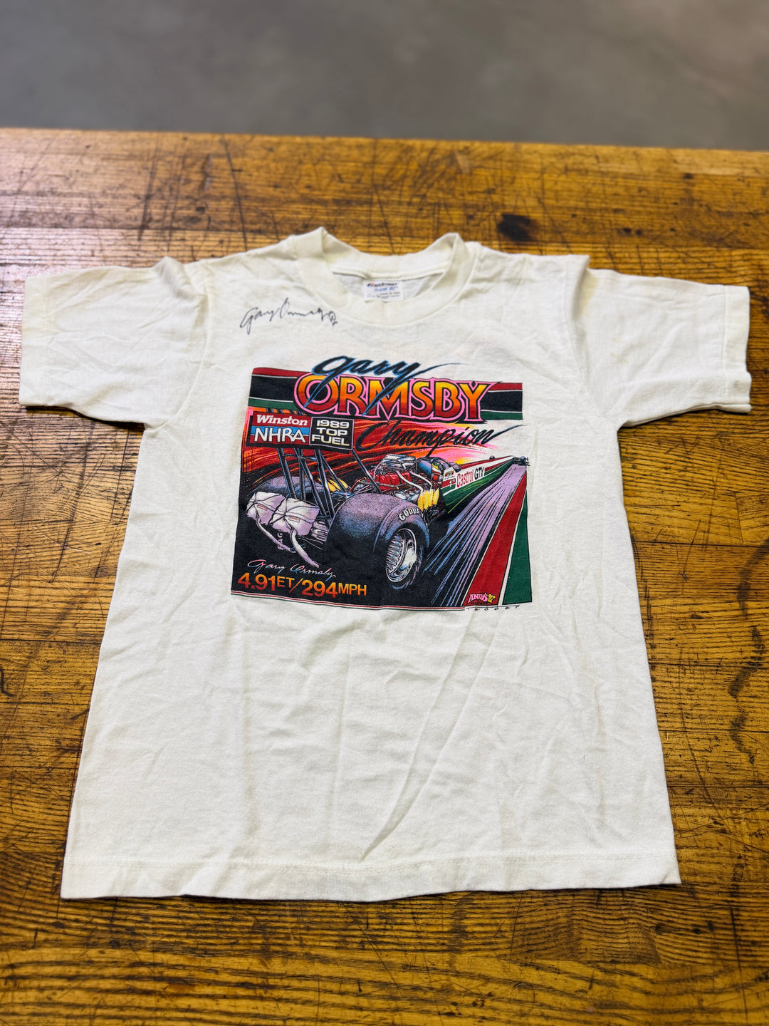 Vintage 1989 Gary Ormsby Top Fuel Champion Tee (Youth M 10–12) – Signed NHRA Drag Racing Shirt | Rare Find