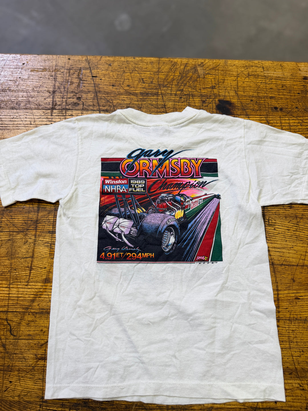 Vintage 1989 Gary Ormsby Top Fuel Champion Tee (Youth M 10–12) – Signed NHRA Drag Racing Shirt | Rare Find