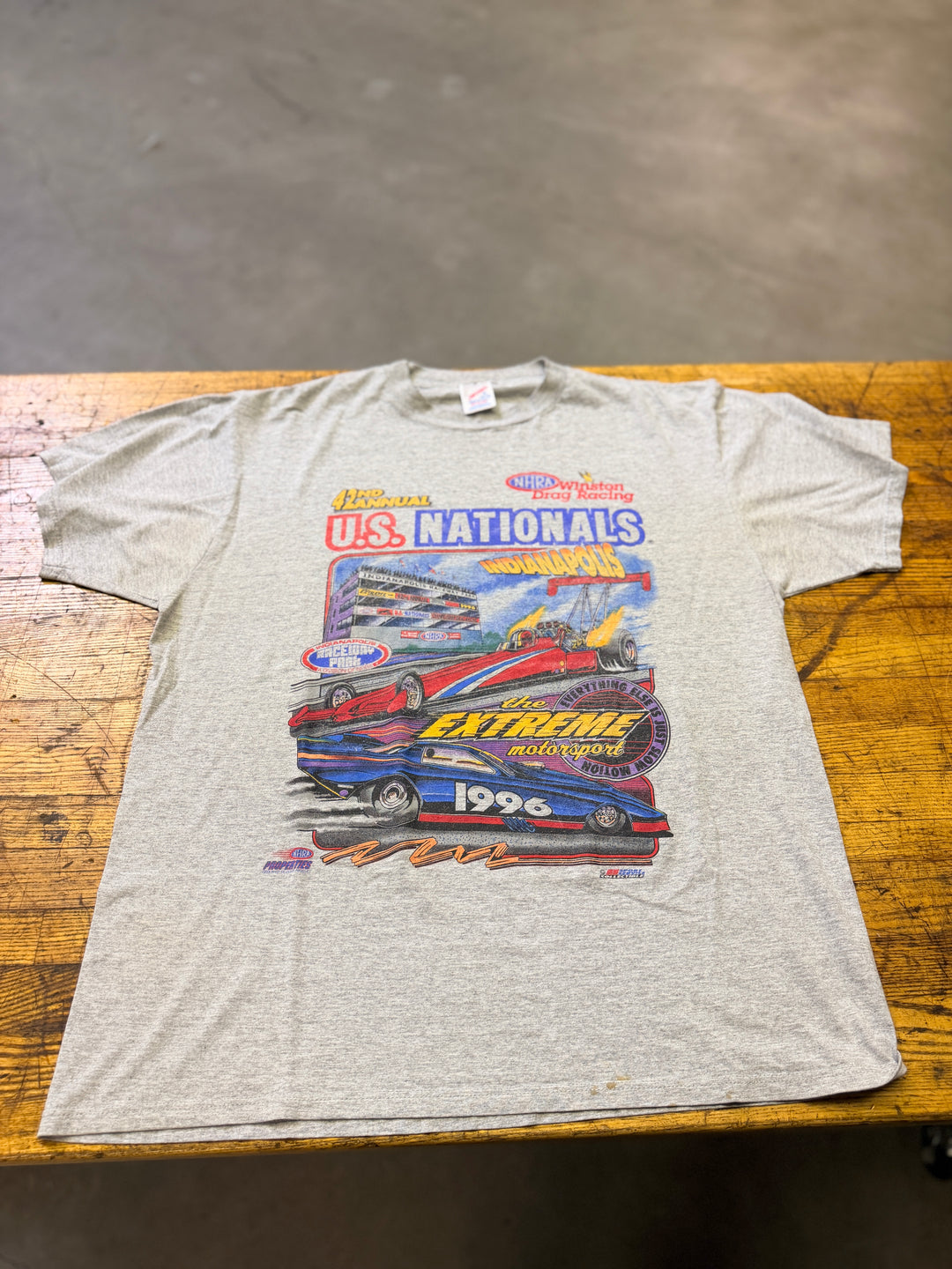 Vintage 1996 NHRA U.S. Nationals Indianapolis Tee (Size XL) – Rare Single Stitch Drag Racing Shirt