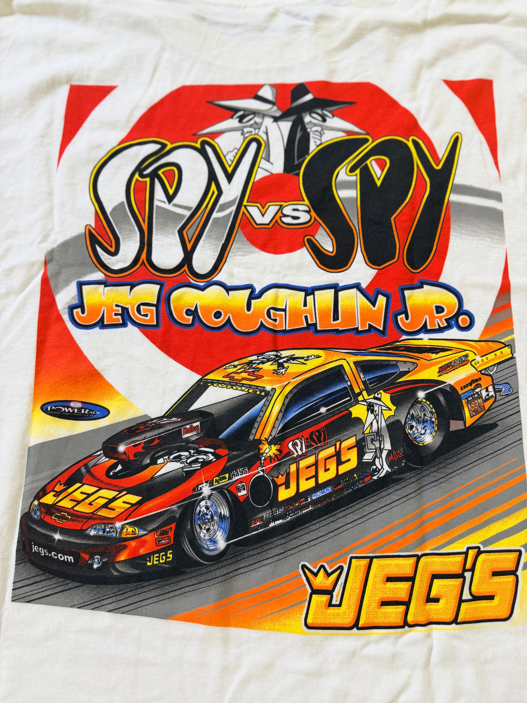 Vintage 2004 Jeg Coughlin Jr “Spy vs Spy” JEGS Pro Stock Tee (XL) – Rare NHRA Graphic Shirt