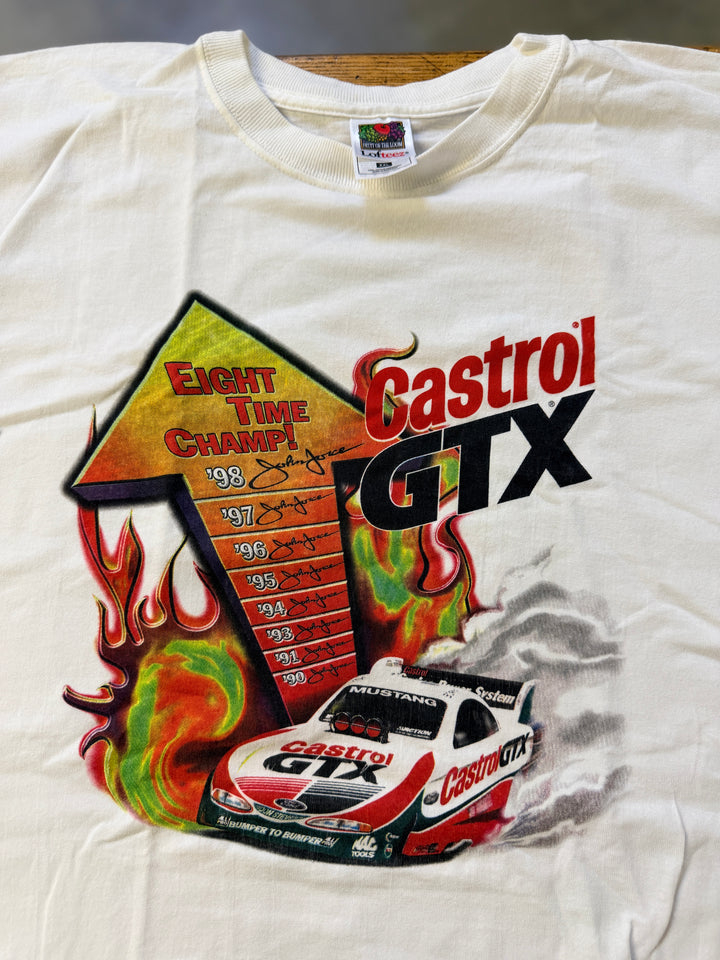 Vintage 90s John Force Castrol GTX 8-Time Champion Tee (XXL) – Rare NHRA Funny Car Shirt