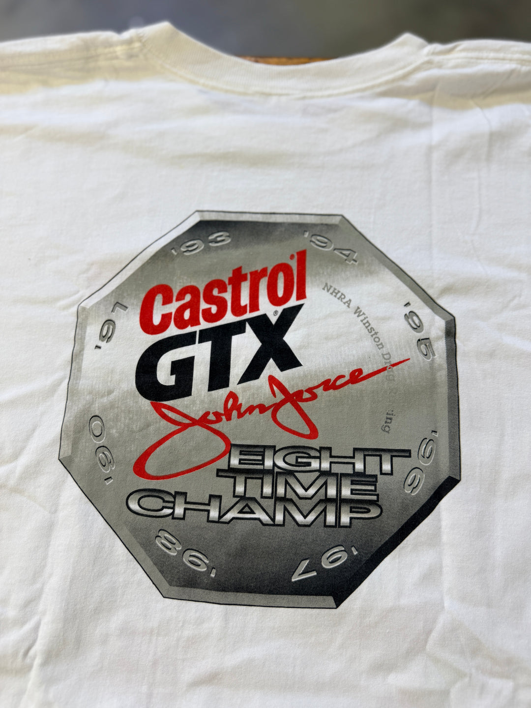 Vintage 90s John Force Castrol GTX 8-Time Champion Tee (XXL) – Rare NHRA Funny Car Shirt