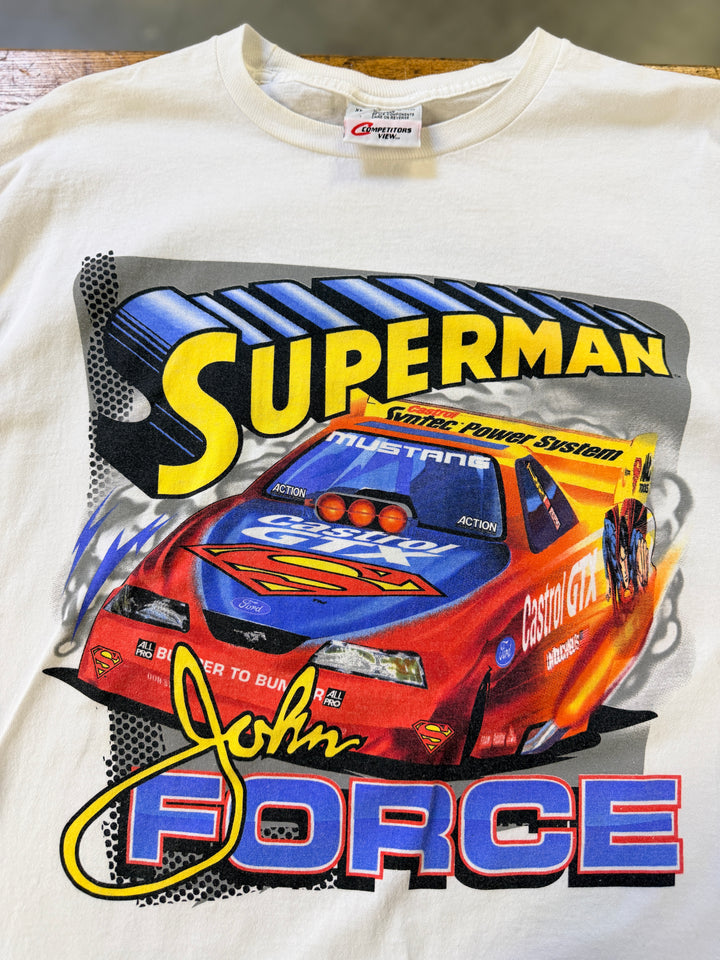 Vintage 1999 John Force Superman NHRA Funny Car T-Shirt (XL) – Double-Sided Castrol GTX Racing Tee