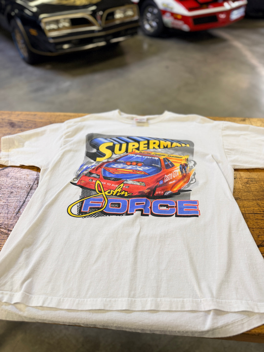 Vintage 1999 John Force Superman NHRA Funny Car T-Shirt (XL) – Double-Sided Castrol GTX Racing Tee