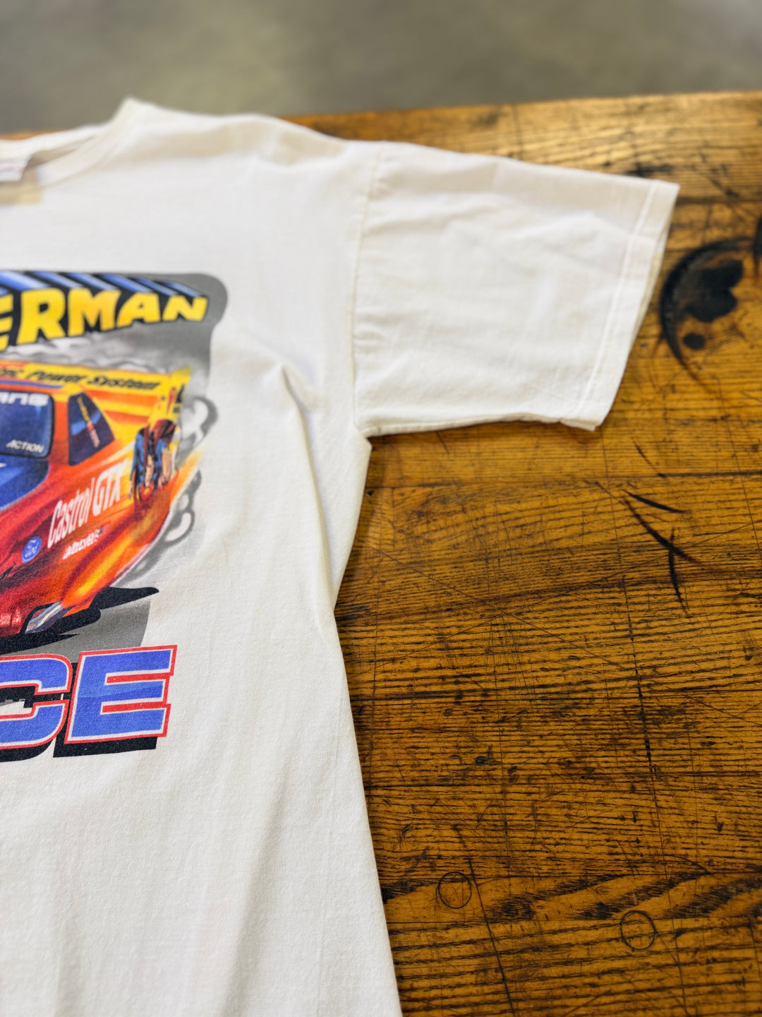 Vintage 1999 John Force Superman NHRA Funny Car T-Shirt (XL) – Double-Sided Castrol GTX Racing Tee