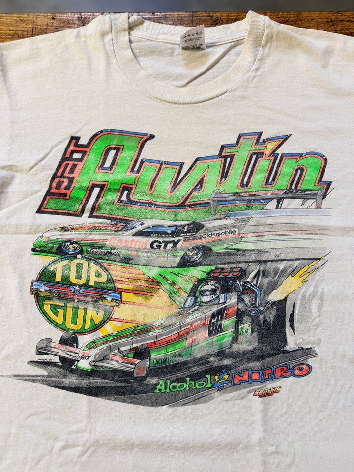 Vintage 90s Pat Austin “Top Gun” Drag Racing Tee (XL) – Rare Dual-Class NHRA Graphic Shirt