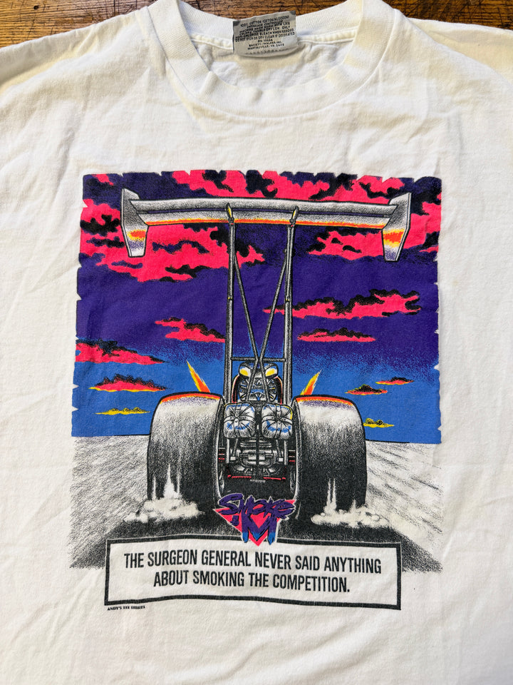 Vintage 90s “Smoking the Competition” Drag Racing Tee (Large) – Rare NHRA Graphic Shirt