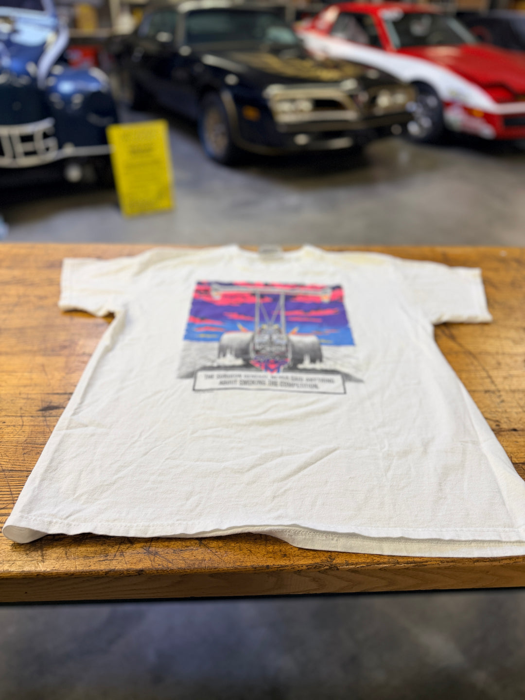 Vintage 90s “Smoking the Competition” Drag Racing Tee (Large) – Rare NHRA Graphic Shirt